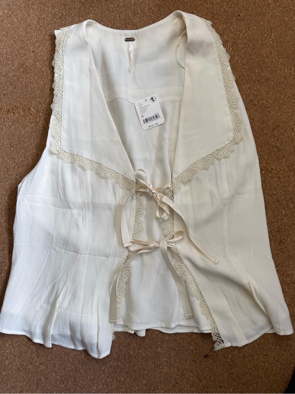 Free People Cream Lace-Trim Tie-Front Vest